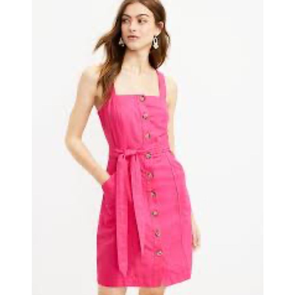 NWT The Loft bright pink linen blend button front summer dress size 10